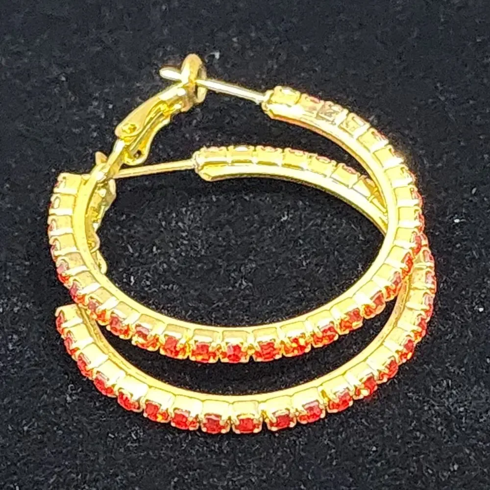 Red Crystal Rhinestone Studded Earrings Gold Tone Hoop Omega Closure Valentines